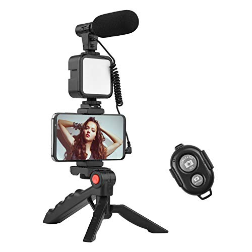 Kit de iluminação de vídeo LED, kit de vídeo Vlog da Andoer para telefone com tripé de mesa, suporte de telefone com microfone frio, luz de vídeo LED, obturador remoto para YouTube/transmissão ao vivo/maquiagem