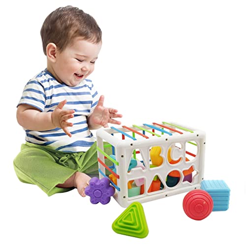 Caixa sensorial do bebê, brinquedos montessori para 1 2 anos, brinquedo classificador bebê cubo colorido e 14 peças forma multissensorial, brinquedos para bebês 6-12-18 meses presente