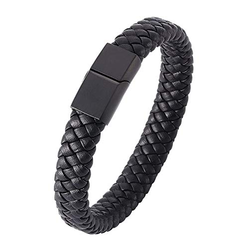 Pulseira Couro masculina Trançado Fecho Em Aço Inoxidável