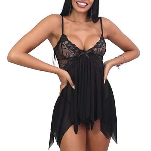 Lingerie Sexy Feminina - Conjunto de Camisola Sensual com Renda e Laço e Calcinha Fio Dental Sensual