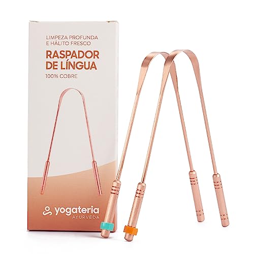 YOGATERIA Kit limpador Raspador de língua Cobre Ayurvédico 100% Puro | Elimina o Mau Hálito Toxinas e Resíduos | Fácil de limpar | Antibacteriano Higiênico e Durável (2 Unds)