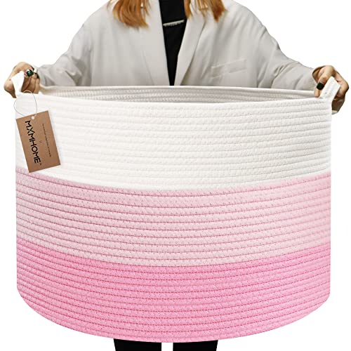 MXMHOME Cesta grande de corda de algodão, 59 x 60 x 35 cm, armazenamento de cobertor para sala de estar, cesta de roupa de bebê com alça, cesta de armazenamento de brinquedos macios, almofadas de