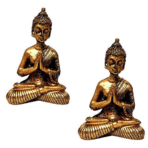 Kit de 2 Estátuas de Mini Buda Hindu Resina Dourado 8,5cm - Atacado