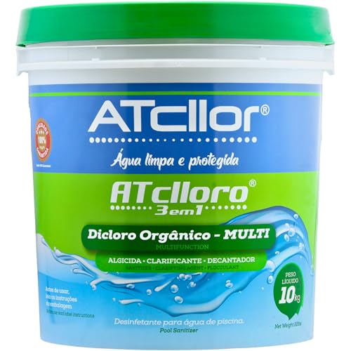 AtCllor, Cloro multifuncional 3 em 1, Orgânico, Concentrado e estabilizado para piscina, Clarifica, Algicida, Decanta, AtClloro, Teor de ativo 36,47%, Granulado, 10 Kg, Verde