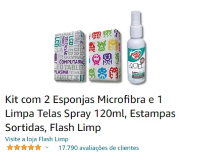 Kit com 2 Esponjas Microfibra e 1 Limpa Telas Spray 120ml, Estampas Sortidas, Flash Limp
